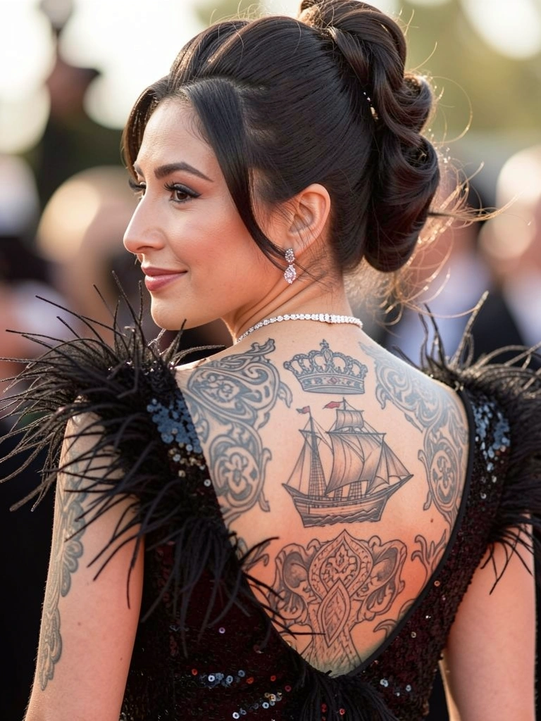 Close-up de mulher com tatuagens nas costas, vestido preto com lantejoulas e plumas, colar de diamantes e brincos de prata, cabelo preso em coque volumoso, sorriso confiante, luz suave e fundo desfocado.