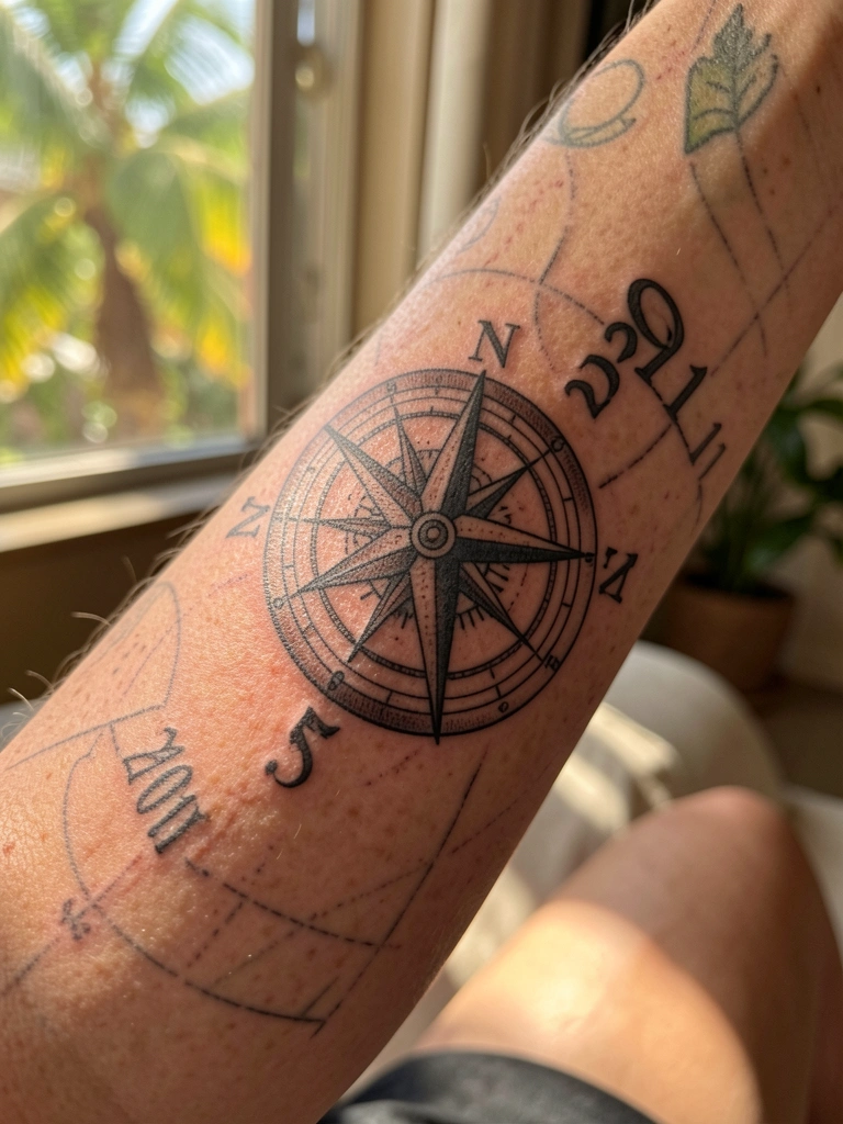 Braço feminino com tatuagens detalhadas de bússola e data