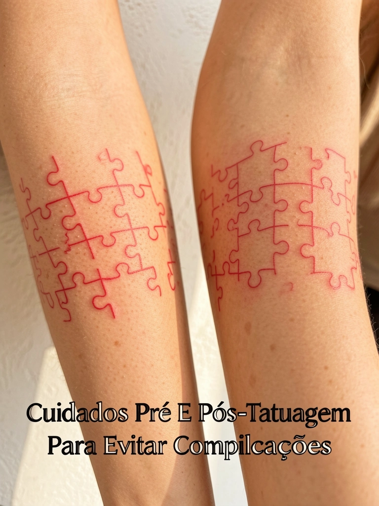 Braços com tatuagens de quebra-cabeça em contorno vermelho, pele texturizada sob luz natural, fundo de parede branca levemente texturizada.