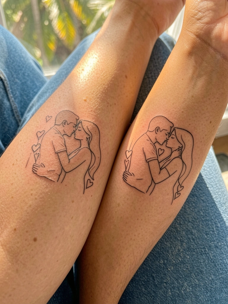 Brasos com tatuagens de casal se beijando em traço fino, pele realista, luz natural filtrada por janela, fundo de jeans azul desfocado.