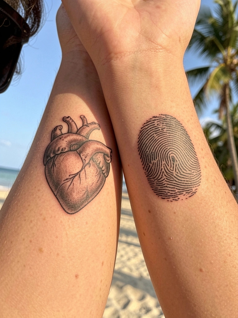 Close-up de braços com tatuagens pretas detalhadas de coração e impressão digital em antebraços, pele com textura realista sob luz natural quente.