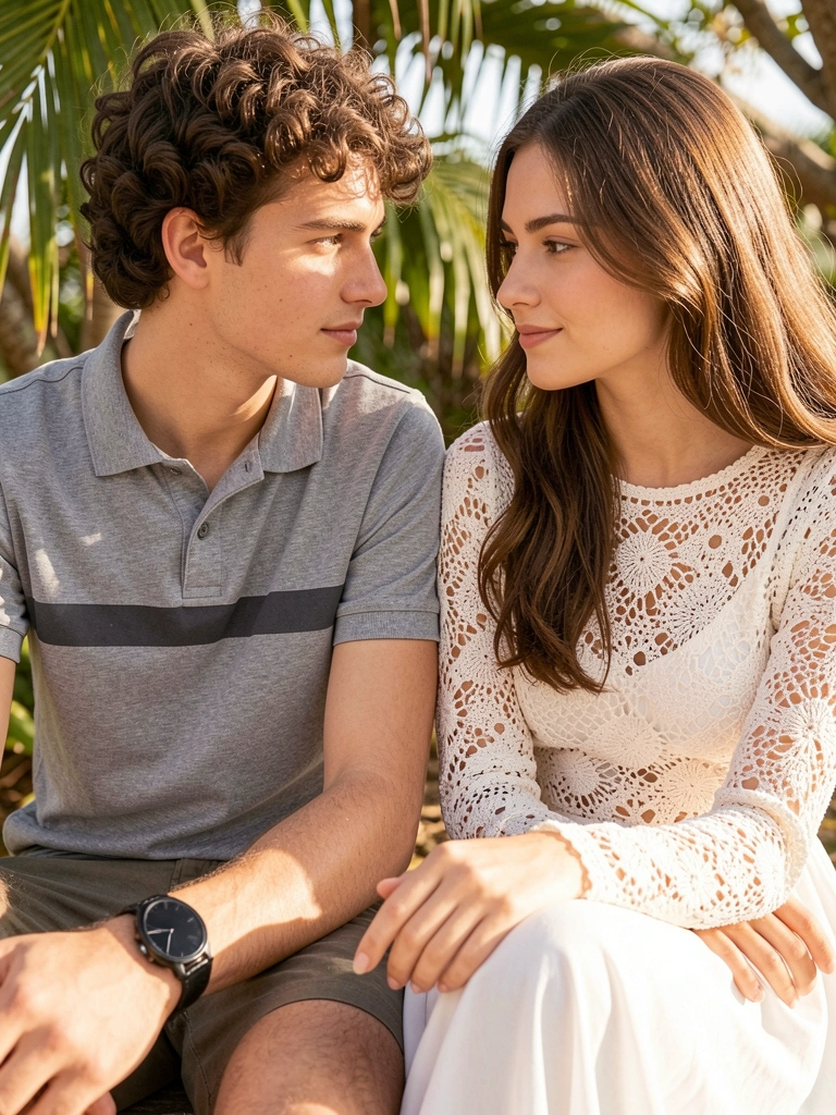 Detalhe de blusa de crochê transparente com padrão intrincado em close, homem de relógio preto e polo cinza ao lado, luz natural filtrada por folhas.