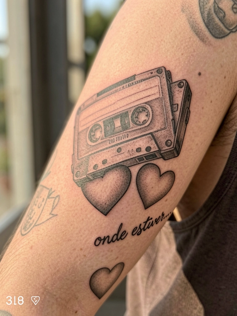 Braço com tatuagens realistas de toca-fitas cassete, coração e frase