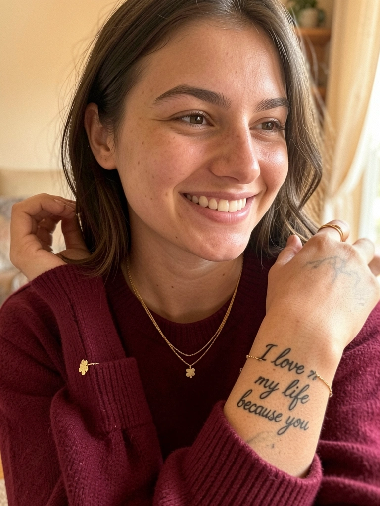 Jovem com suéter bordô e colares dourados, tatuagem no braço com trecho de frase, pingente de trevo de quatro folhas no pulso, luz natural suave, fundo desfocado.