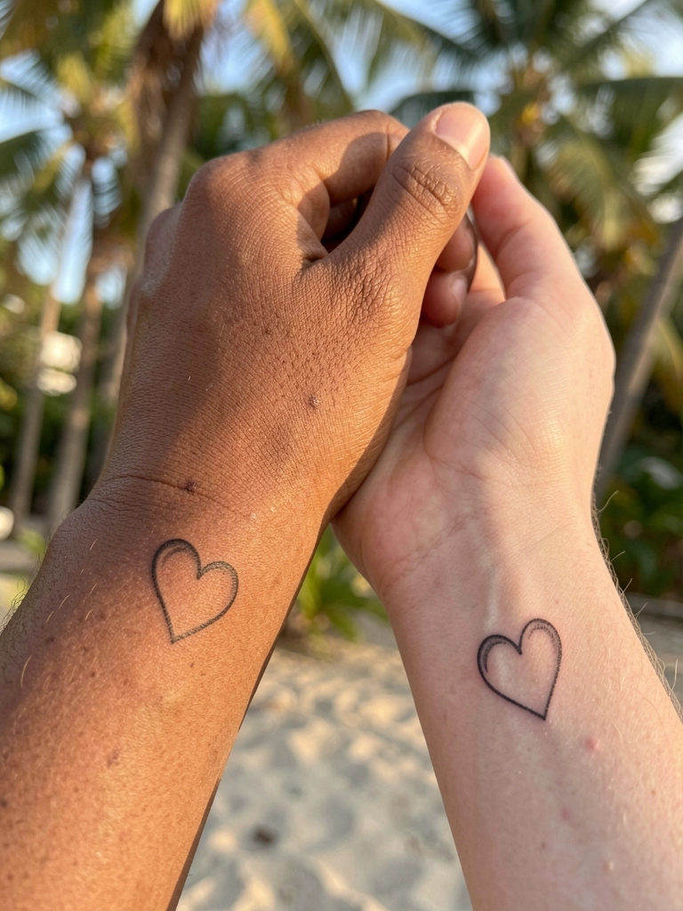 Duas mãos, uma negra e uma clara, se tocam suavemente com tatuagens pretas de coração nos pulsos sob luz natural suave.