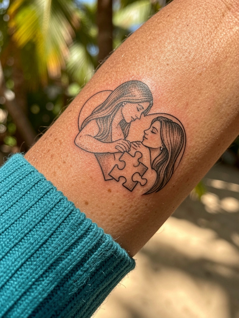 Braço com tatuagens em linha preta de um abraço e peças de quebra-cabeça e coração, suéter azul-petróleo e luz natural.