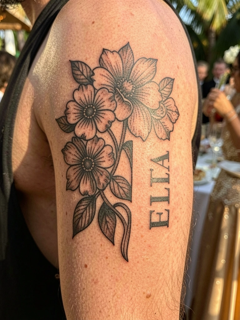 Braço masculino com tatuagem floral e inscrição ‘ELLA’ em preto, pele texturizada com veias sutis, luz natural quente e fundo desfocado de evento luxuoso.