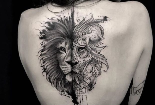 tatuagem de leão na coluna feminina
