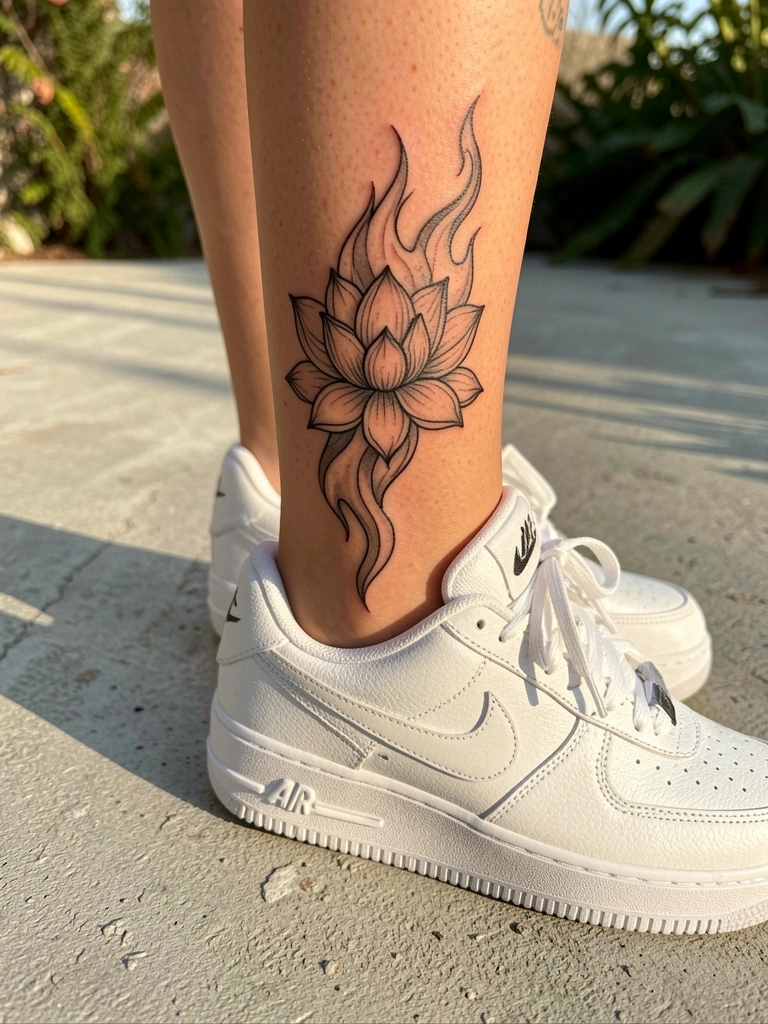 Close-up de panturrilha feminina com tatuagem de lótus e chama em tinta preta, sobre tênis Nike Air branco com detalhes do logo, piso de concreto cinza claro, luz natural, sombras suaves, fundo com verde sutil.