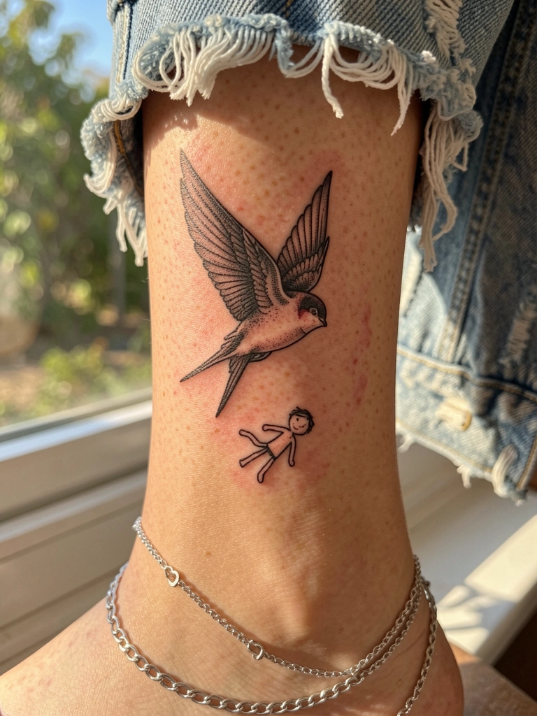 Close-up de tornozelo feminino com tatuagem de andorinha preta e figura caindo, pele com sardas e vermelhidão, corrente de prata, jaqueta jeans desgastada ao fundo, luz natural suave.