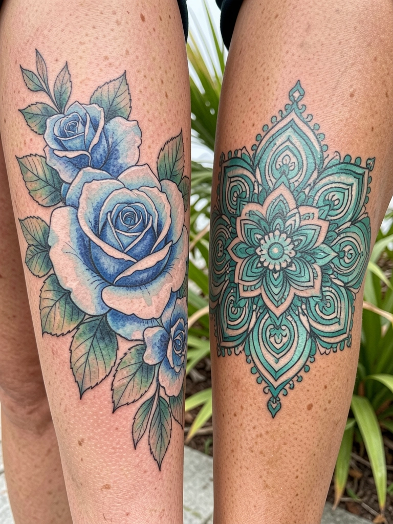 Pernas femininas com tatuagens florais azuis e mandala em teal, pele texturizada sob luz natural difusa com folhagem ao fundo.