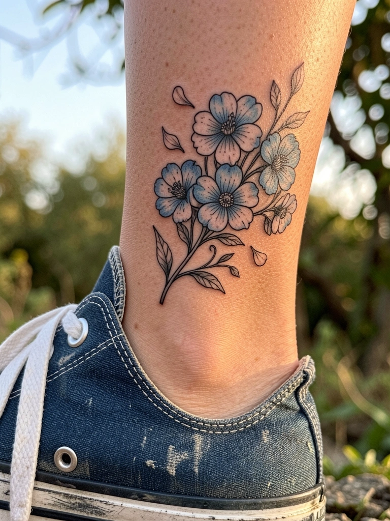 Tatuagem preto e branco de flores azuis delicadas no tornozelo, tênis Converse azul desgastado, luz natural suave e fundo desfocado.