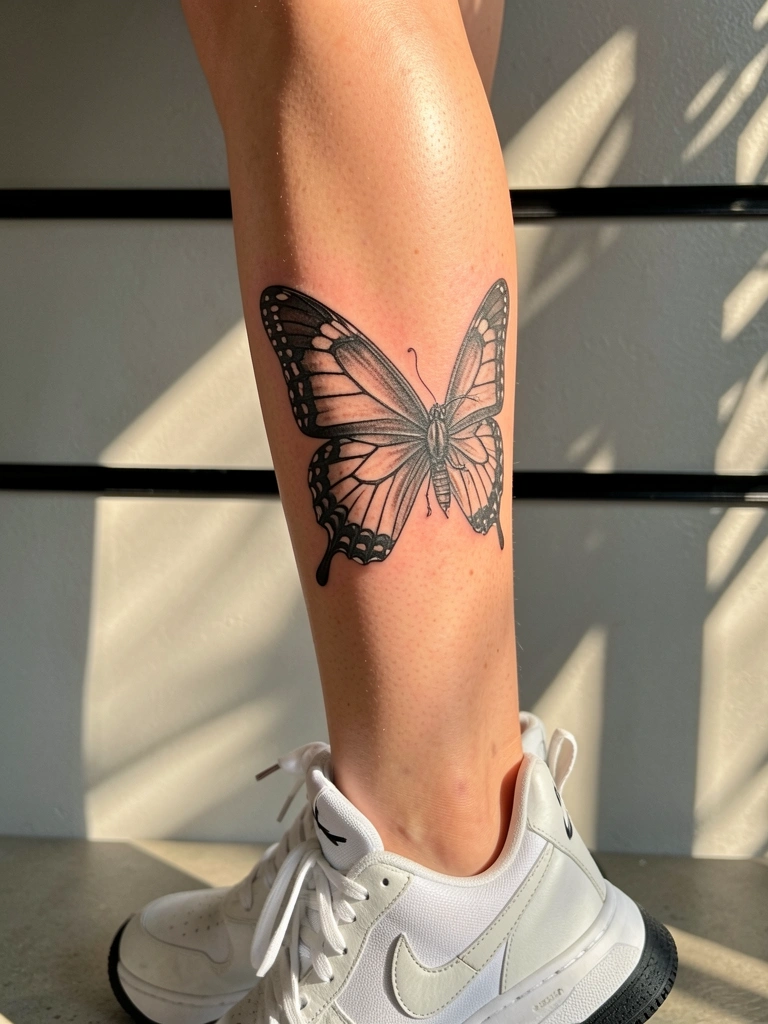 Close-up de tatuagem de borboleta preta na panturrilha de uma mulher usando tênis Nike branco com solado preto, fundo cinza com linha horizontal, luz natural do dia.