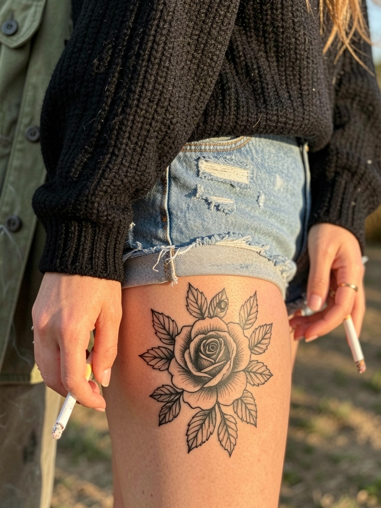 Close de pernas femininas com shorts jeans desfiado, suéter preto texturizado e tatuagem floral na coxa, cigarro na mão, fundo desfocado com jaqueta militar.