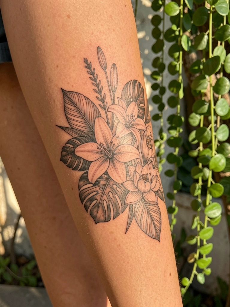 Close-up de perna feminina com tatuagem floral preta detalhada, planta verde pendente ao fundo, luz natural quente.