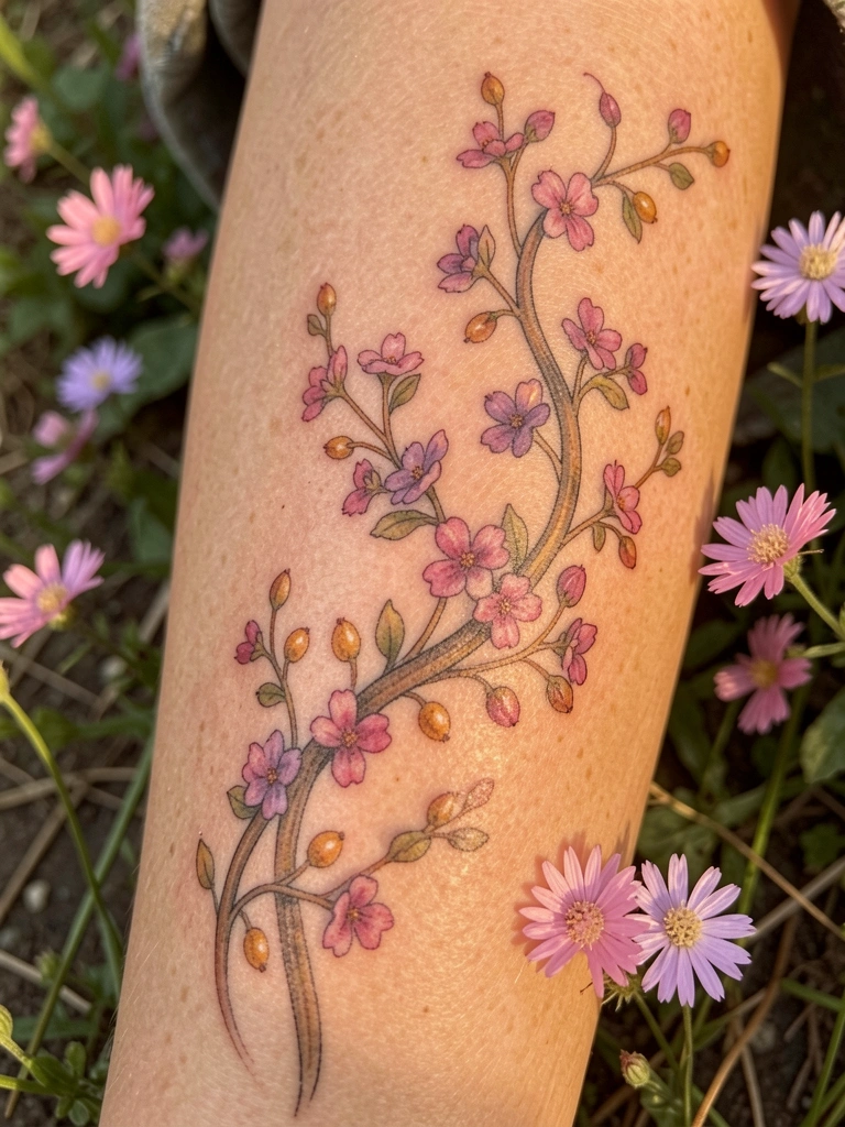 Macro detalhada de perna feminina com tatuagem de videira e flores rosas, luz solar difusa e pétalas reais ao redor.