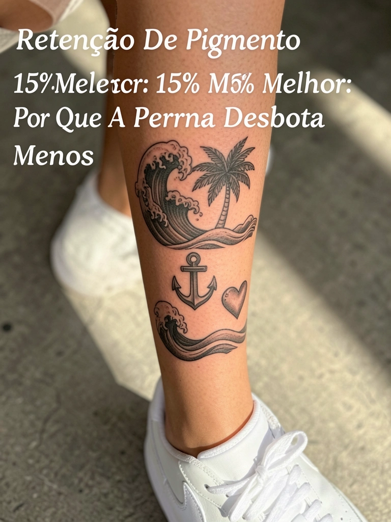 Perna feminina com tatuagens pretas detalhadas de onda, palmeira, âncora e coração, tênis branco, fundo de concreto cinza e luz tropical difusa.