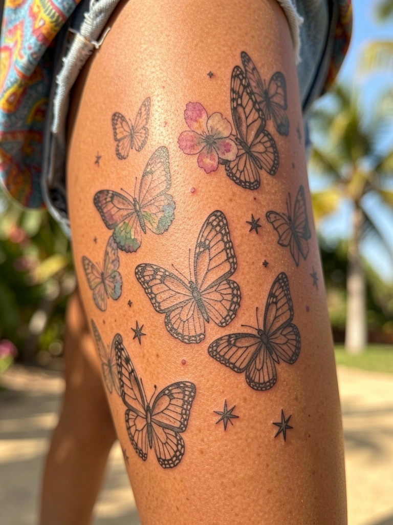 Perna feminina bronzeada com tatuagens delicadas de borboletas e estrelas em nanquim, shorts jeans e blusa estampada ao fundo, luz natural suave.