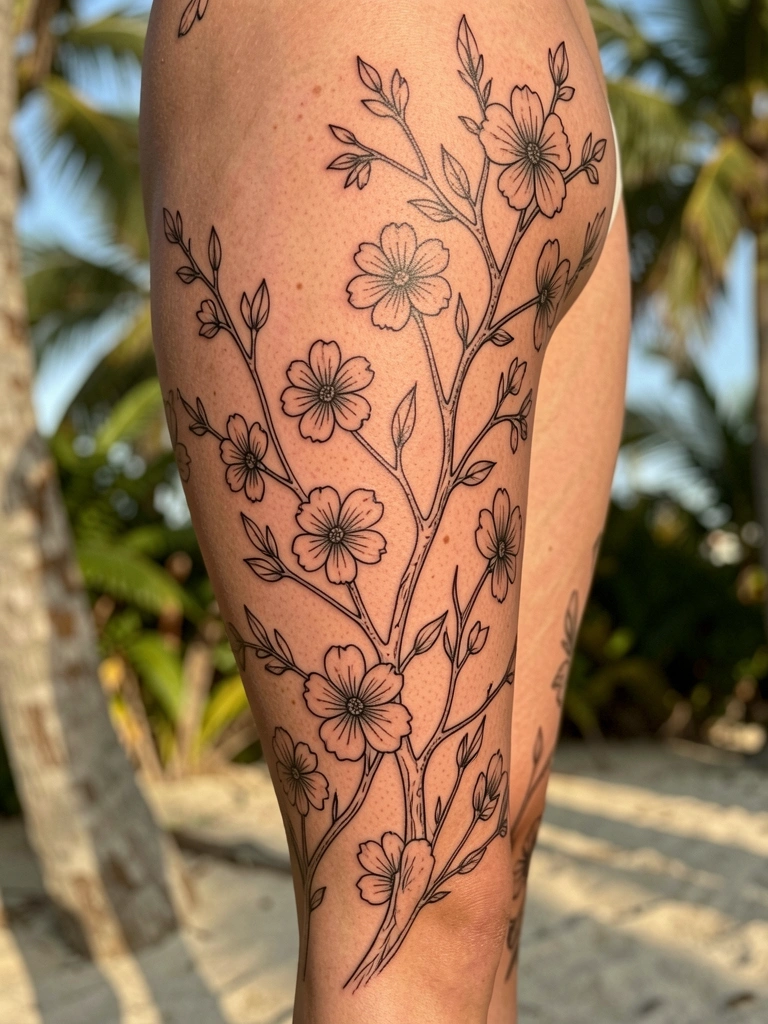Tatuagem floral preta em fineline espalhada da perna ao abdômen, luz natural com sombras suaves e fundo tropical desfocado.