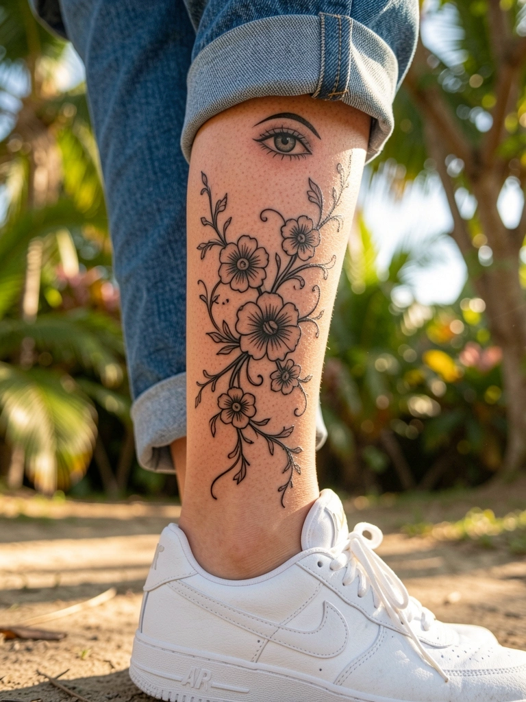 Close-up de panturrilha feminina com tatuagens de flores e videiras em tinta preta, jeans azul com barra dobrada e tênis Nike Air branco, luz natural filtrada por folhagens.