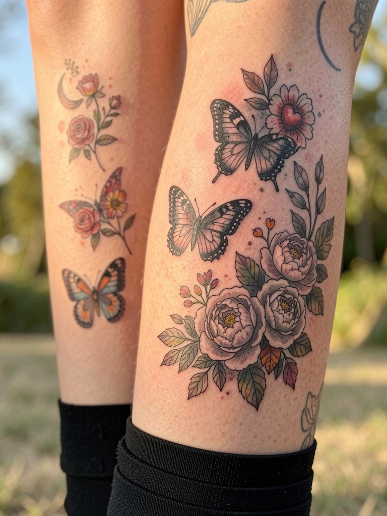 Perna feminina com tatuagens de borboleta, flor e rosa em aquarela, luz natural suave e tornozeleira preta.