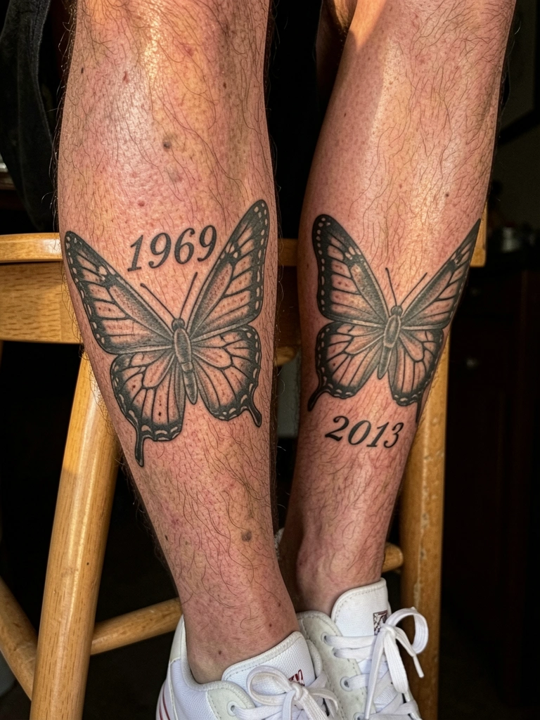 Pernas masculinas com tatuagens de borboleta preta e inscrições 