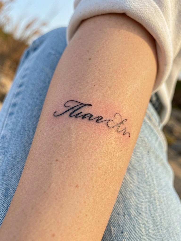 Perna feminina com jeans azul claro e tatuagem preta na coxa, detalhes da pele e do desenho, luz natural suave.