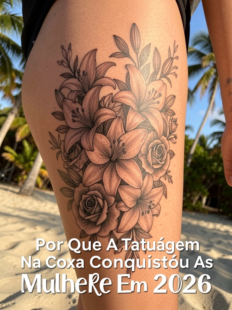 Tatuagem preto e branco realista de lírios e rosas na coxa feminina, luz natural tropical e fundo desfocado.