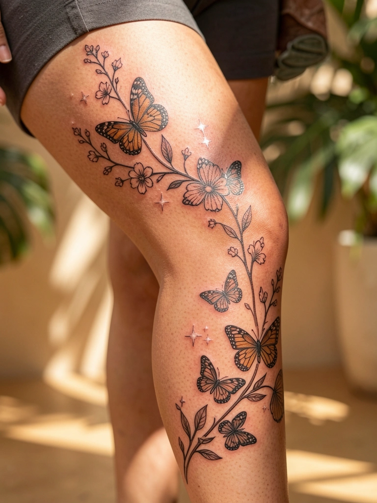 Perna feminina com tatuagens de borboletas e ramos florais em close, luz natural suave e fundo desfocado em tons quentes.