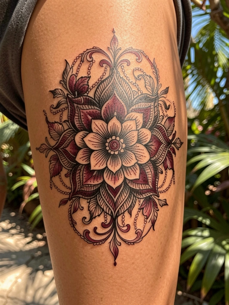 Tatuagem floral mandala em tons de vinho, marfim e carvão na coxa feminina, com luz natural filtrada por folhagens.