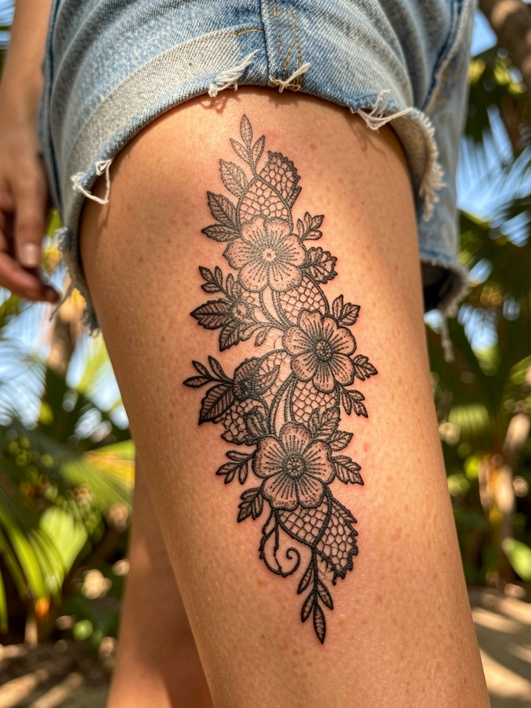 Tatuagem delicada de renda e floral em preto na coxa, sob shorts jeans, com luz natural filtrada por folhas ao fundo.