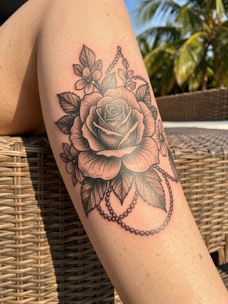 Close-up de perna feminina com tatuagem realista de rosa e miçangas em preto e cinza, sobre superfície de vime texturizada, luz natural.