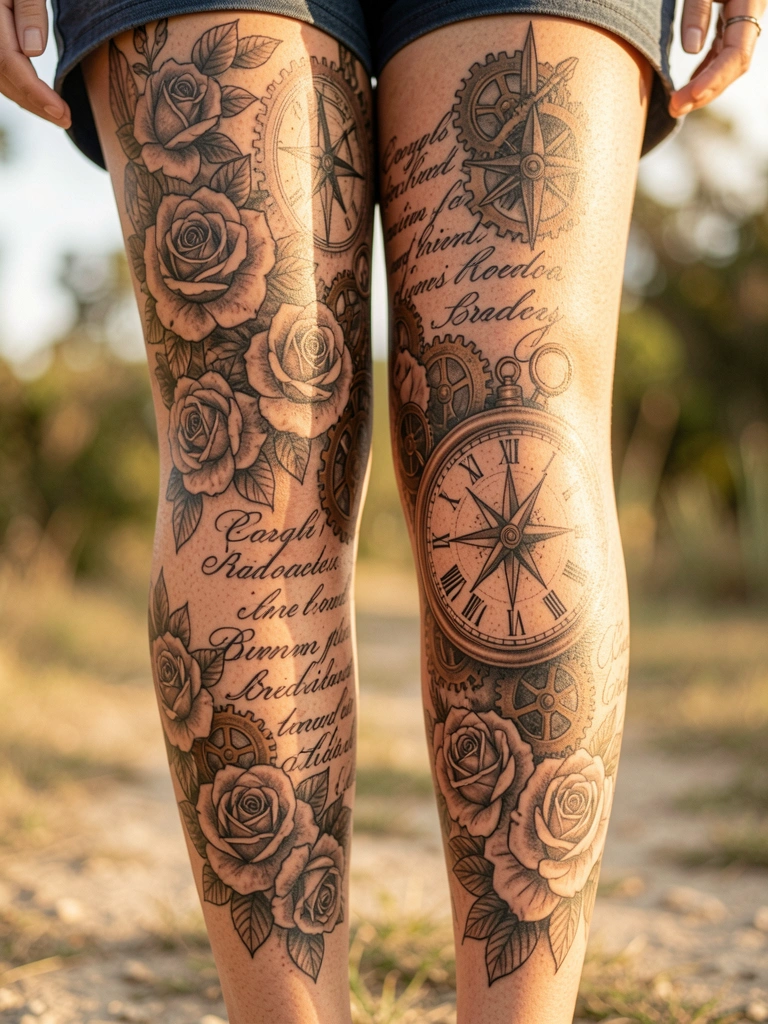 Pernas femininas com tatuagens detalhadas de rosas, engrenagens e bússola, luz solar difusa e fundo levemente desfocado.