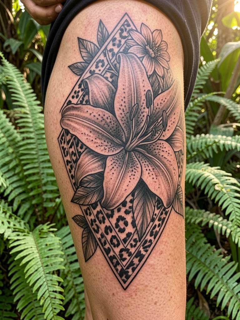 Tatuagem preta detalhada de lírio e onça na coxa de mulher, com folhagens verdes desfocadas ao fundo e luz solar difusa.