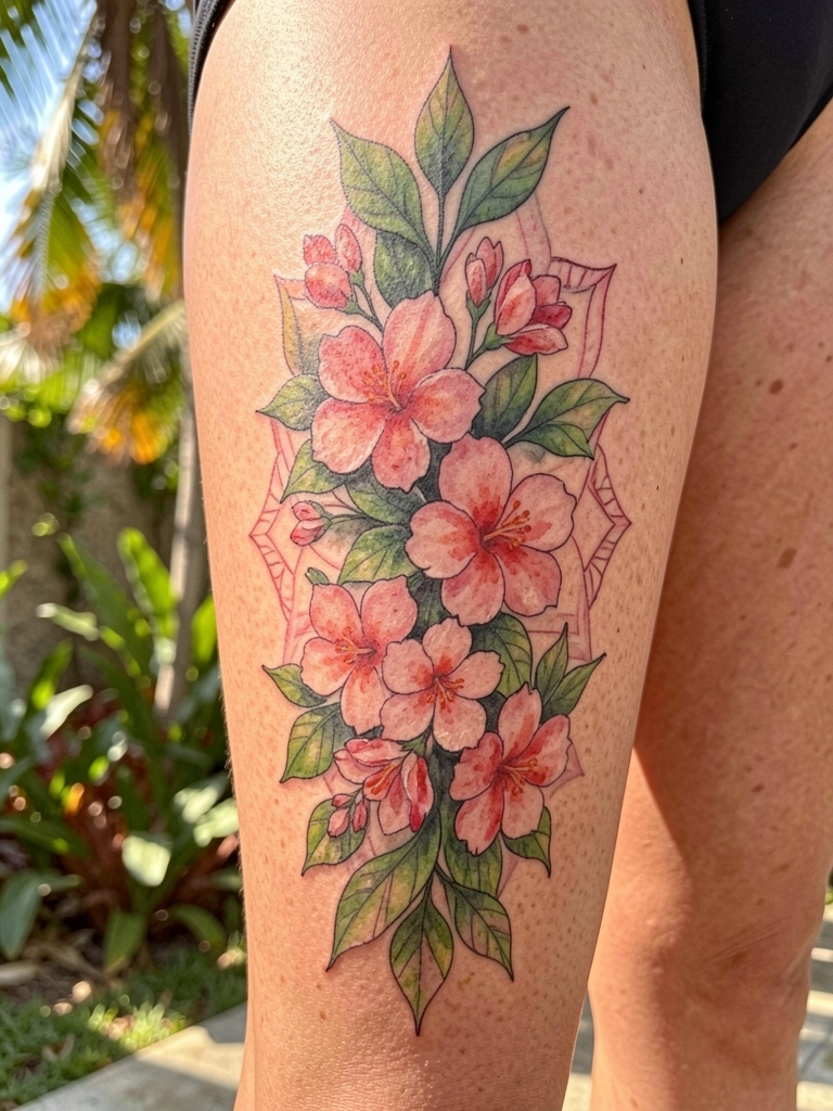 Tatuagem em aquarela de flores rosas e vermelhas e folhas verdes envolvendo a coxa de uma mulher, luz natural filtrada por folhagens.