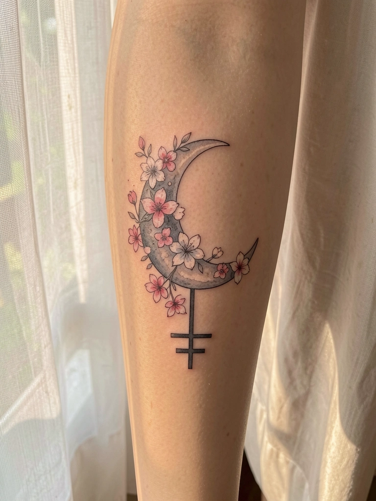 Tatuagem de lua crescente com flores rosas e brancas em aquarela, símbolo de Vênus preto, sobre pele clara, luz solar difusa ao fundo.