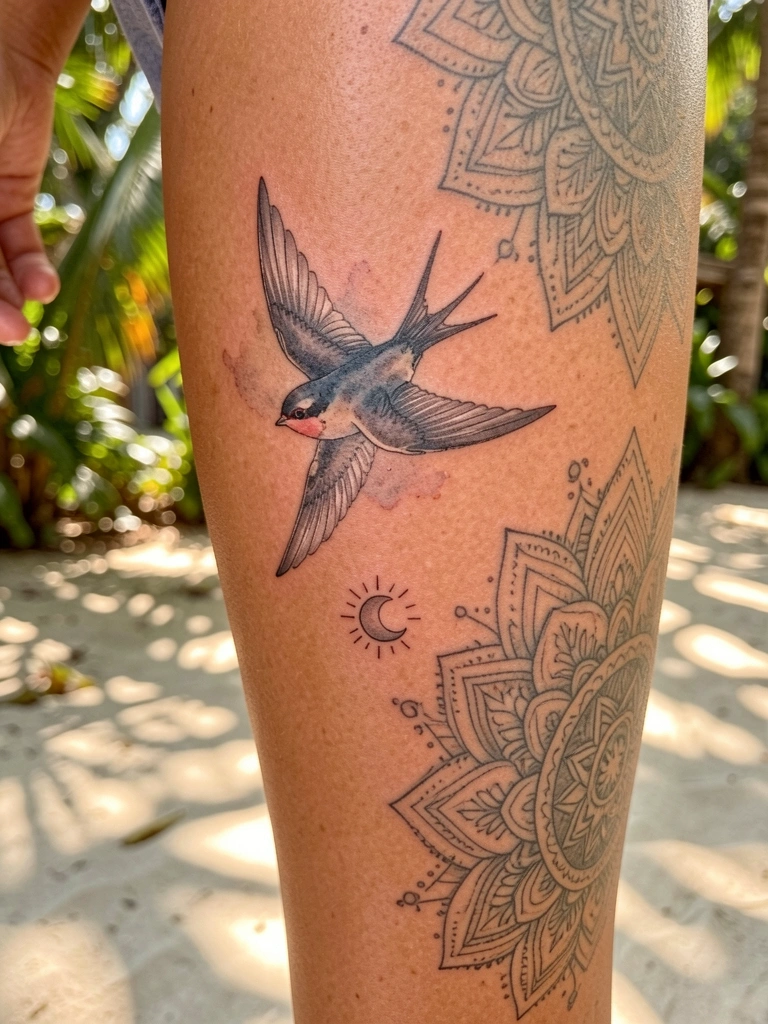 Perna feminina bronzeada com tatuagem de andorinha em aquarela, sol estilizado e mandala floral em tons de cinza, luz natural difusa.