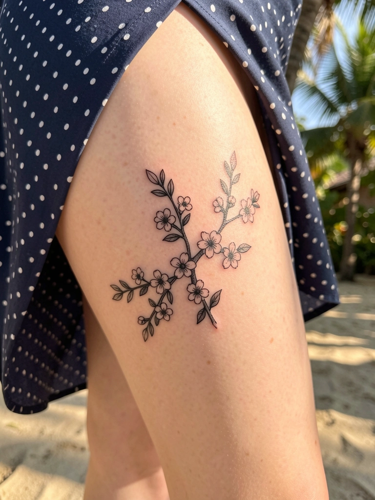 Close-up de perna feminina com tatuagem floral preta delicada acima do joelho, vestido azul marinho de bolinhas, luz natural suave e fundo tropical desfocado.