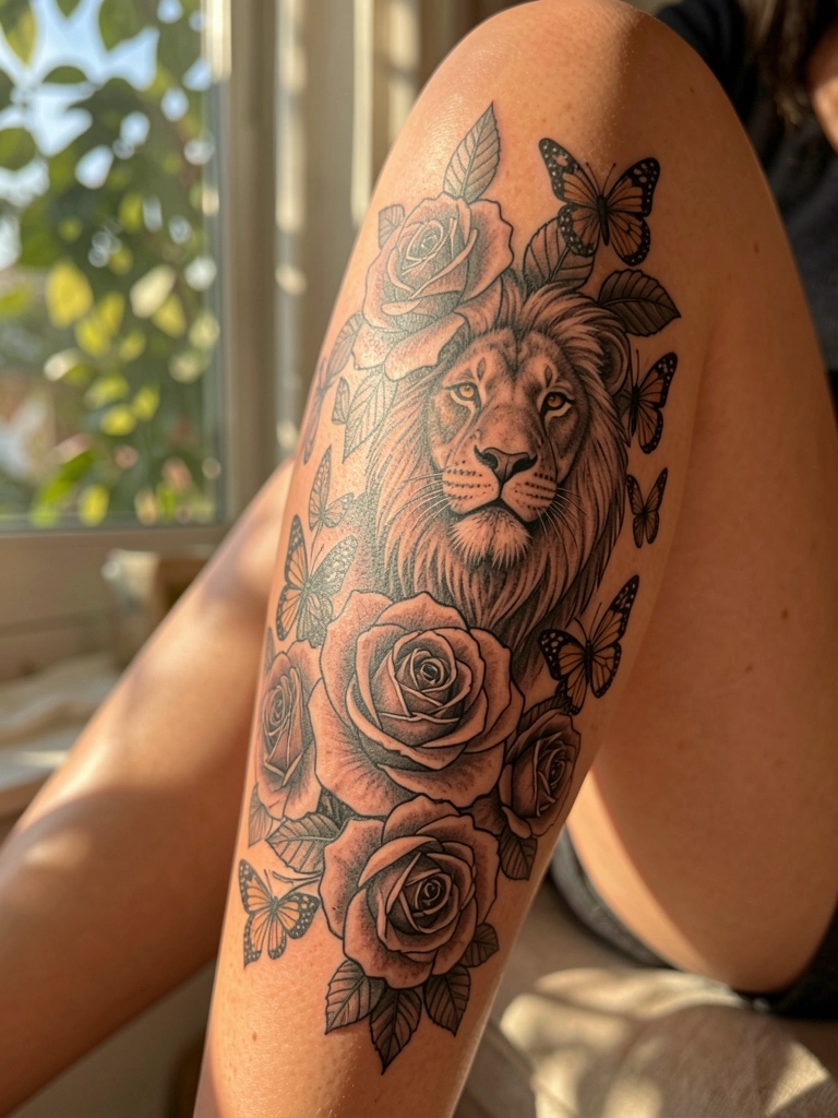 Perna feminina com tatuagem preta detalhada de rosa, leão e borboletas, luz solar filtrada por janela com folhas, fundo desfocado.