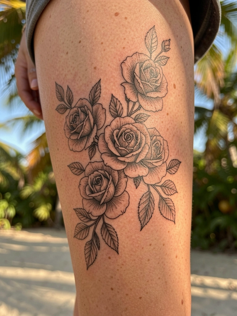 Perna feminina com tatuagem floral detalhada em preto, luz natural suave e fundo desfocado com folhagens tropicais.