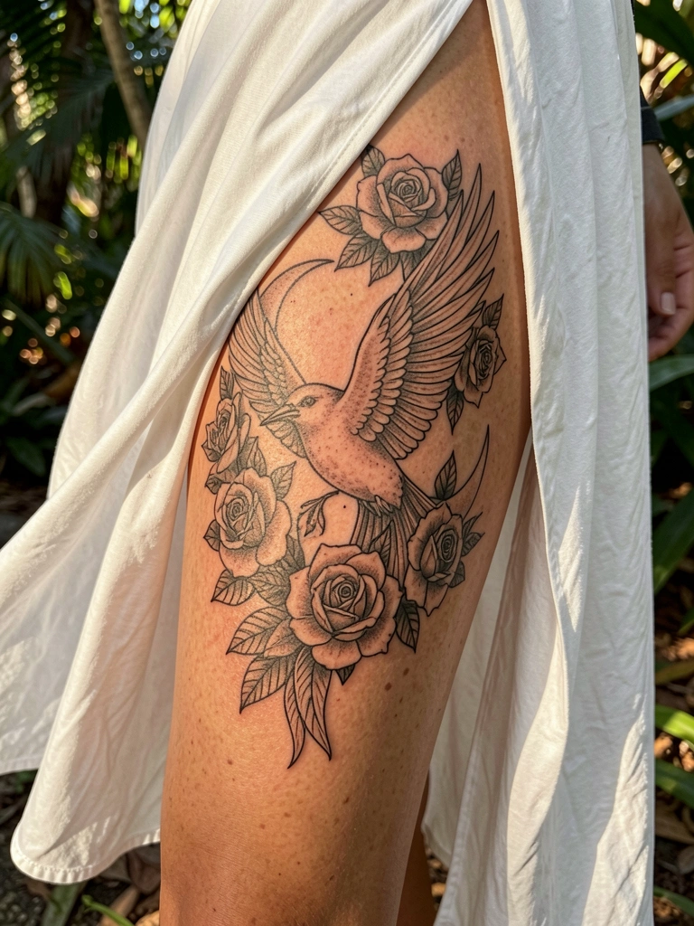 Perna feminina com tatuagem preta de pássaro, rosas e lua crescente, vestido branco esvoaçante, luz natural com sombras suaves, fundo desfocado de jardim tropical.