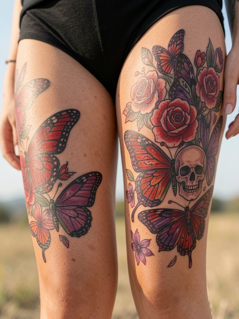 Tatuagens coloridas de borboletas e rosas em tons de vermelho e rosa nas coxas de uma mulher, pele com variações sutis de tom, luz natural.