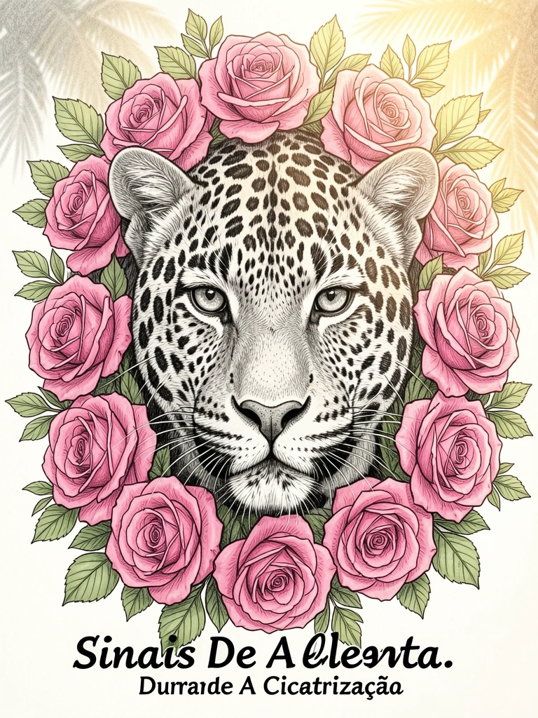 Cabeça de leopardo em desenho a lápis detalhado, cercado por rosas rosa vibrantes e folhas verdes, luz natural de dia.