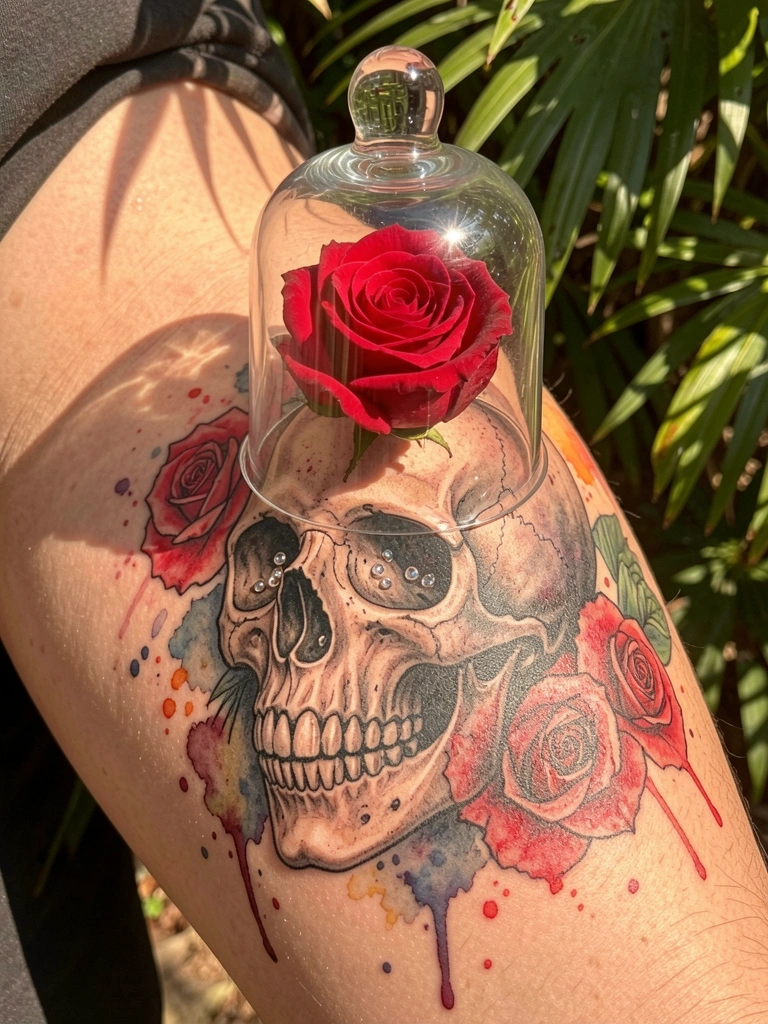 Perna humana com tatuagem realista de caveira e rosa, redoma de vidro com rosa vermelha sobre a caveira, respingos de aquarela e luz natural filtrada por folhagem.