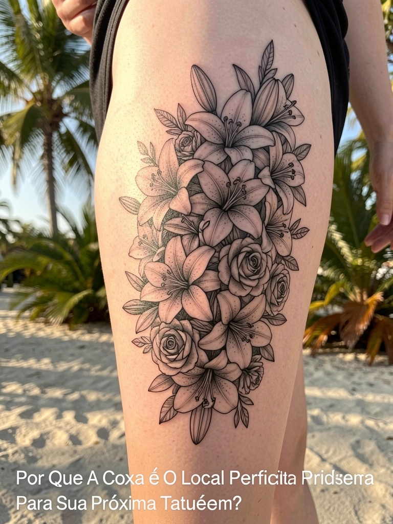 Tatuagem preto e branco detalhada de lírios e rosas descendo pela coxa feminina, pele clara, luz natural quente.