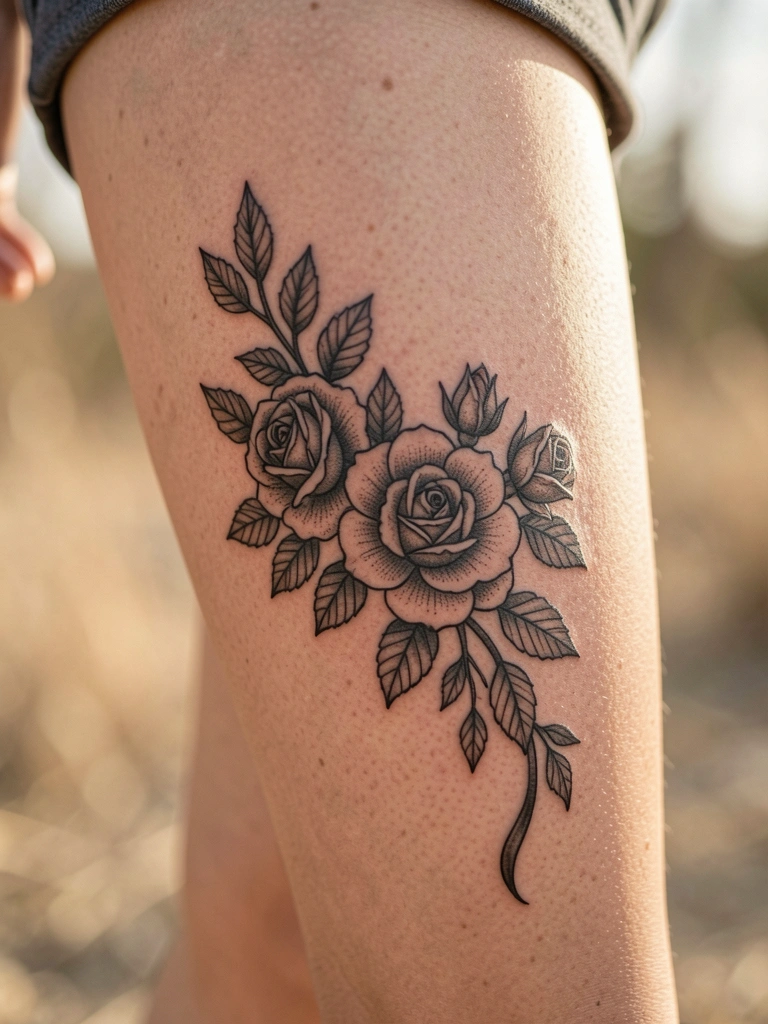 Close-up de perna feminina com tatuagem floral preta detalhada, rosas e folhas em estilo neo-tradicional, luz natural difusa.