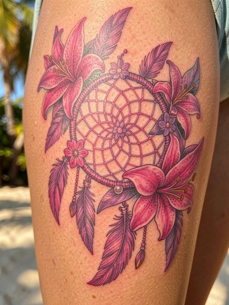 Tatuagem colorida de flor de lírio e um apanhador de sonhos na coxa, detalhes nítidos sob luz natural do dia.