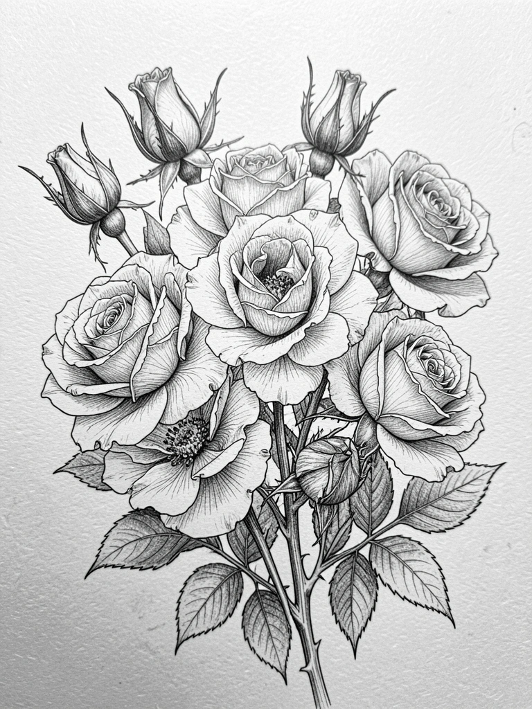 Desenho a lápis de rosas em papel texturizado, com pétalas e espinhos detalhados em traços finos e luz suave.