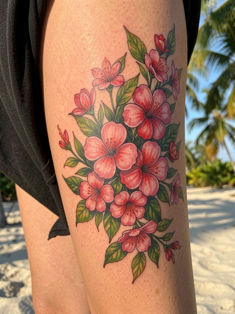 Tatuagem aquarela de flores rosas e vermelhas e folhas verdes envolve a coxa de uma mulher, luz natural do dia, fundo tropical.