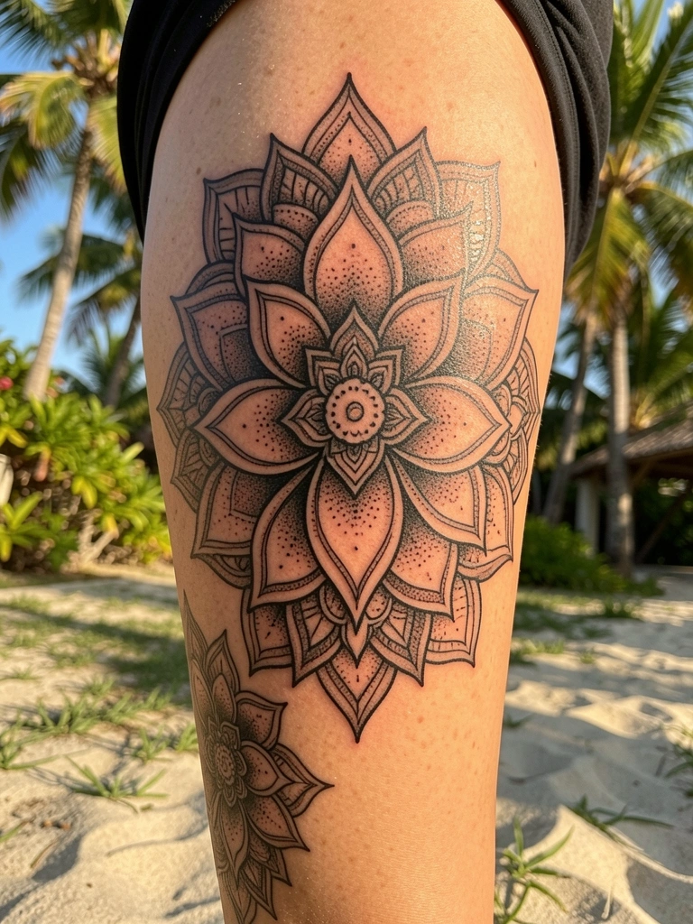 Luz natural incide sobre tatuagem de lótus mandala em preto e cinza na coxa, com pontos e linhas detalhados sobre a pele realista.